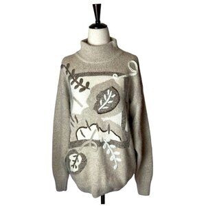 Santoria‎ Beige Vintage Silk Angora Wool Blend Embroidered Turtleneck Sweater M
